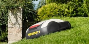Robot mower on green lawn, surrounded by bushes and trees.