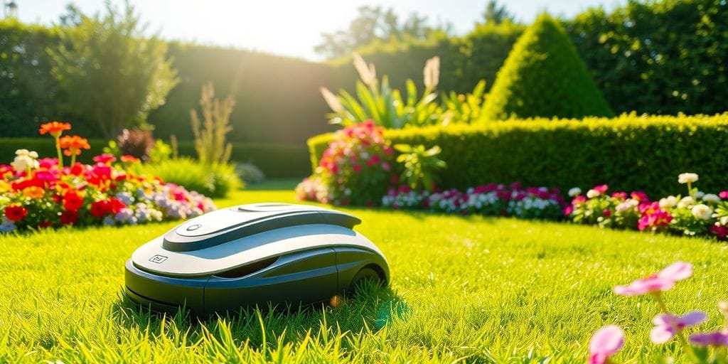 Robotgräsklippare i grön trädgård med blommor.