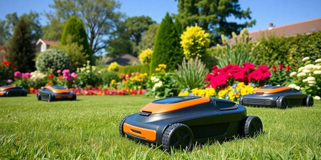 Robotgräsklippare i trädgård med grön gräsmatta och blommor.
