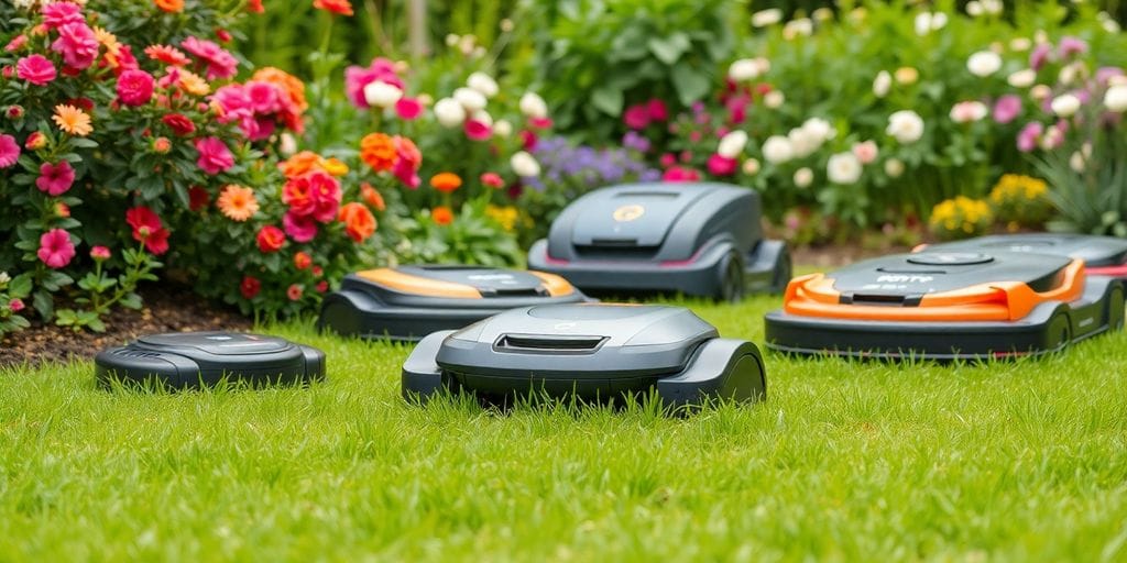 Flera robotgräsklippare i en grön trädgård.