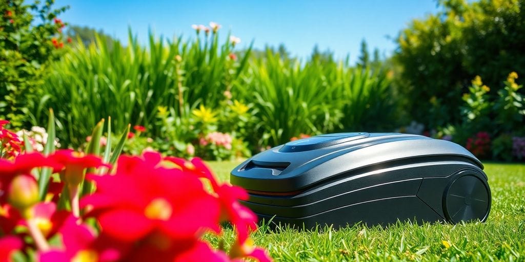 Robotgräsklippare klipper gräsmatta i Stockholm.