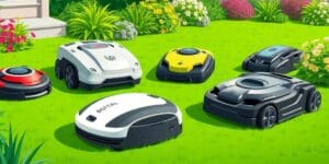 Robots för gräsklippning i grön trädgårdsmiljö.