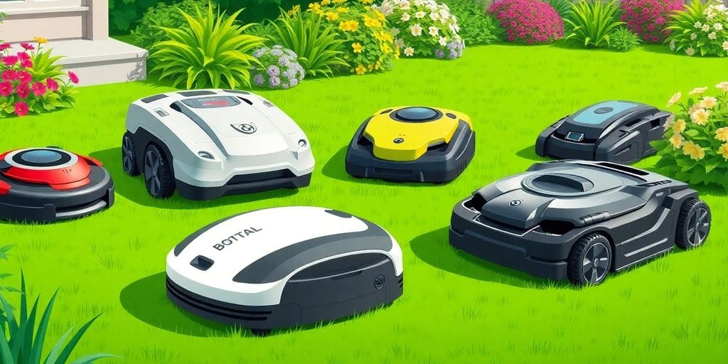 Robots för gräsklippning i grön trädgårdsmiljö.