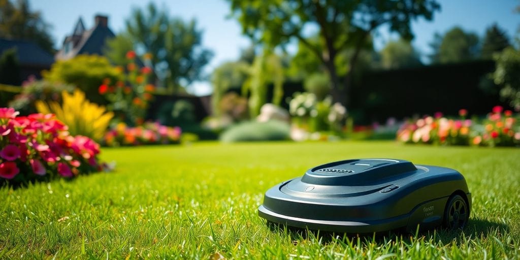 Tyst robotgräsklippare i en fridfull trädgård.