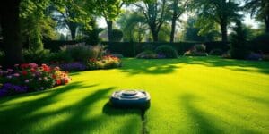 Robotgräsklippare klipper gräset i en stor trädgård.