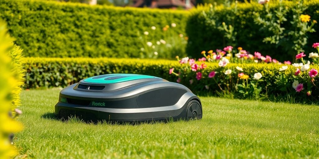 Robotgräsklippare i en grönskande radhusträdgård.