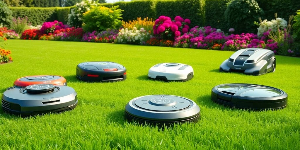 Olika robotgräsklippare i en grön trädgård i Stockholm.