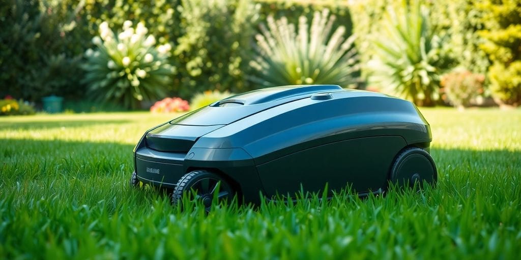 Robotgräsklippare klipper gräs i en trädgård.