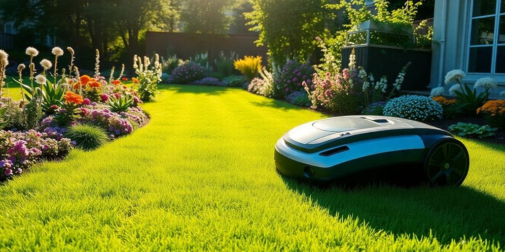 Robotgräsklippare klipper gräset i en blomstrande trädgård.